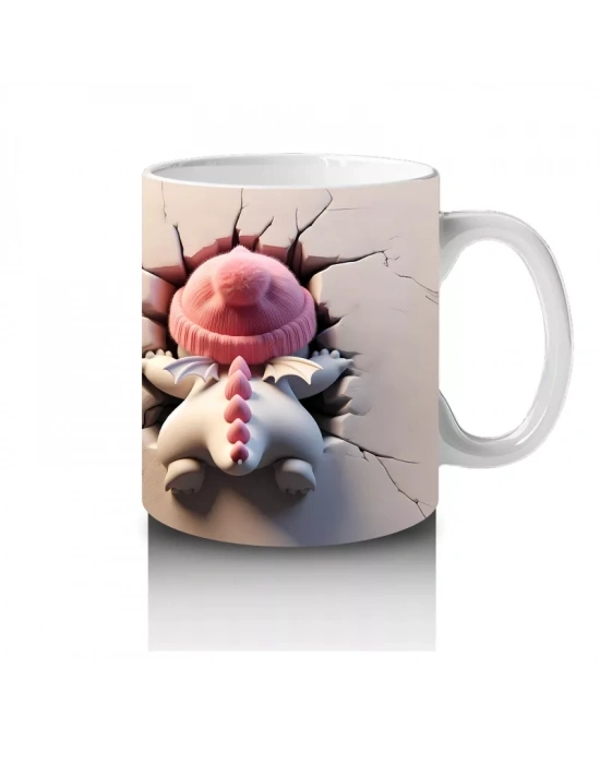 Neşeli Kız Maskot ve Pembe Kalpli Fon Figürü – Baskılı Kahve Kupası