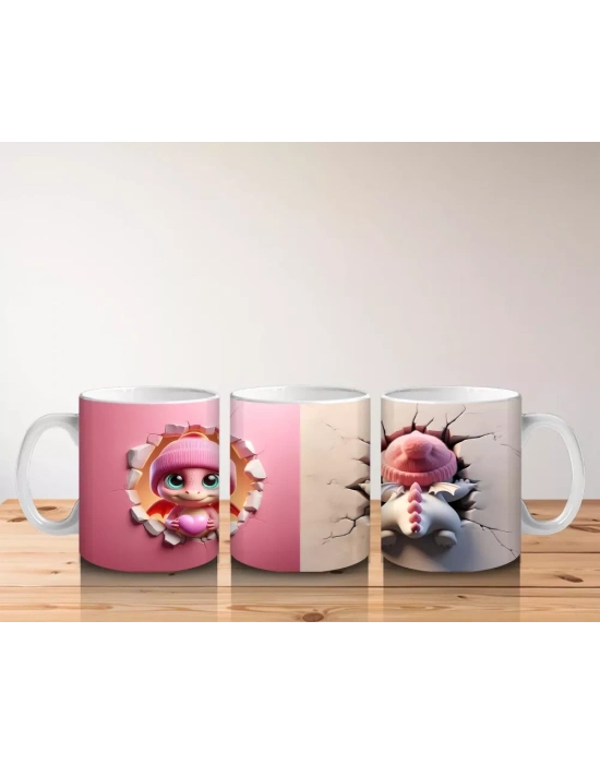 Neşeli Kız Maskot ve Pembe Kalpli Fon Figürü – Baskılı Kahve Kupası