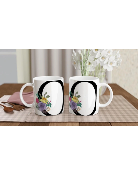 O Harfi Çiçek Süslemeli Harfli Kupa Bardak