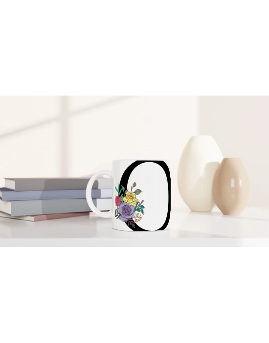 O Harfi Çiçek Süslemeli Harfli Kupa Bardak