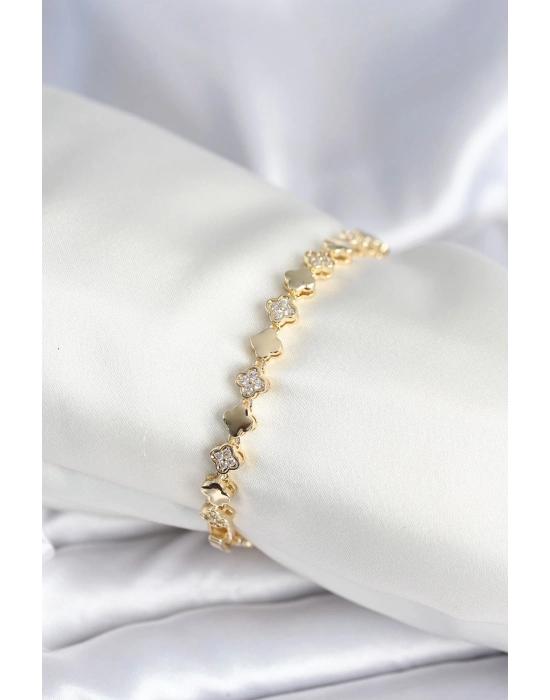 Pirinç Gold Renk Zirkon Taşlı Yonca Model Kadın Bileklik