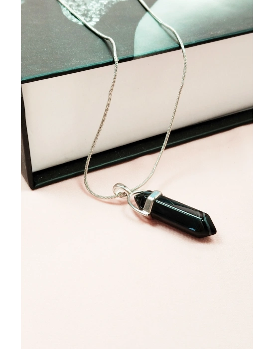 Obsidyen Doğal Taşı Zincirli El Yapımı Tasarımlı Kolye Uç: 3,5 cm Zincir: 20 cm Kutulu