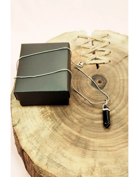 Obsidyen Doğal Taşı Zincirli El Yapımı Tasarımlı Kolye Uç: 3,5 cm Zincir: 20 cm Kutulu