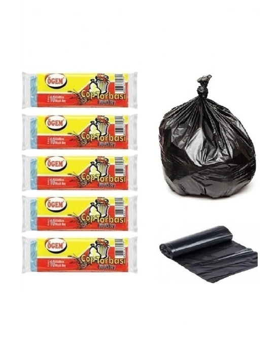Ögem Büyük Boy Çöp Poşeti 65x80 Cm 50 Lt 10lu Rulo 5 Paket Siyah