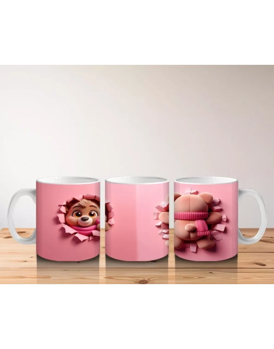 Ön ve Arka Görünümle Sevimli Pembe Bereli Köpek Figürü - Baskılı kahve kupası