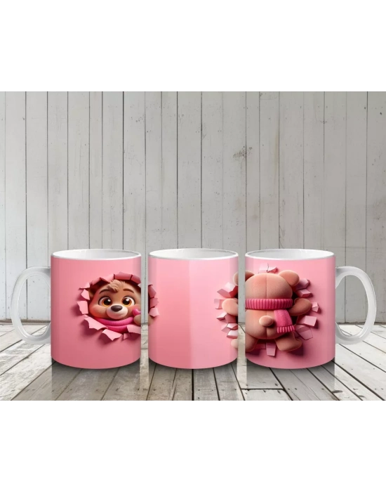 Ön ve Arka Görünümle Sevimli Pembe Bereli Köpek Figürü - Baskılı kahve kupası