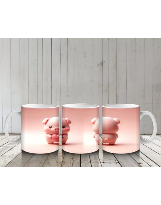 Ön ve Arka Yüzüyle Sevimli Domuz Maskotlar – Baskılı Kahve Kupası