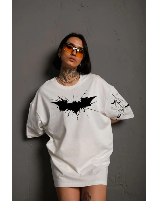 Ön ve Kol Baskılı Oversize T-shirt - Beyaz -