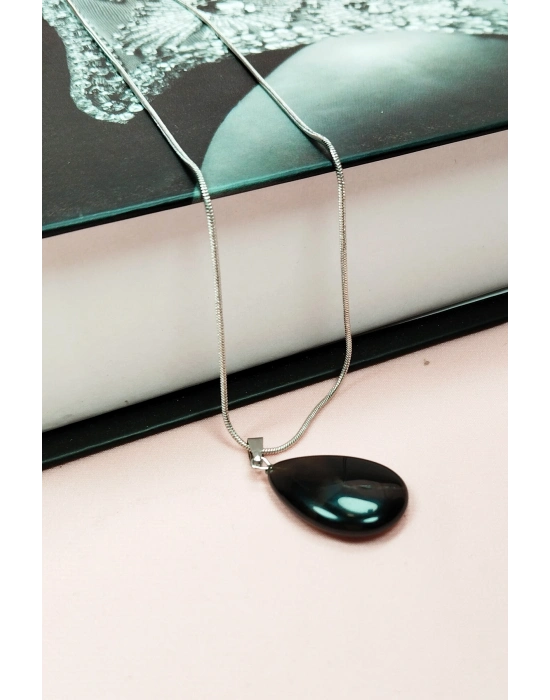 Onix Kuvars Doğal Taşı Zincirli El Yapımı Kolye Uç: 2 cm Zincir: 20 cm Kutulu