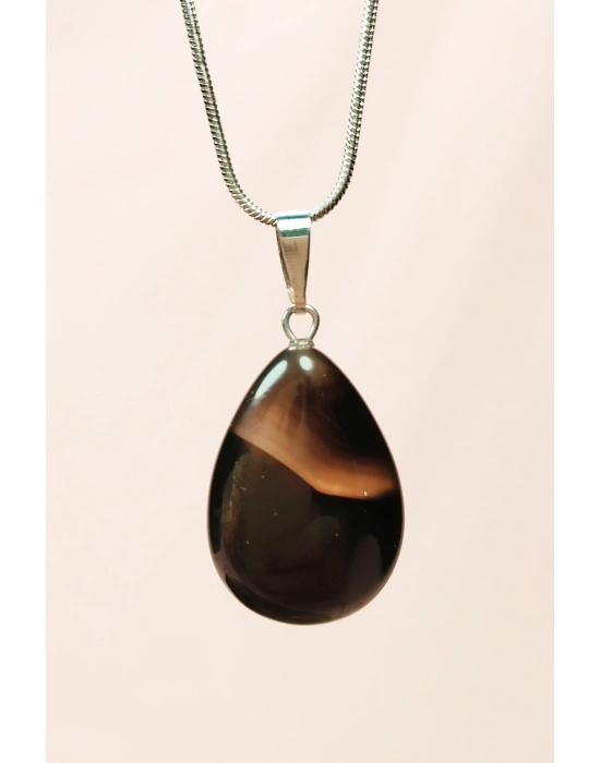 Onix Kuvars Doğal Taşı Zincirli El Yapımı Kolye Uç: 2 cm Zincir: 20 cm Kutulu