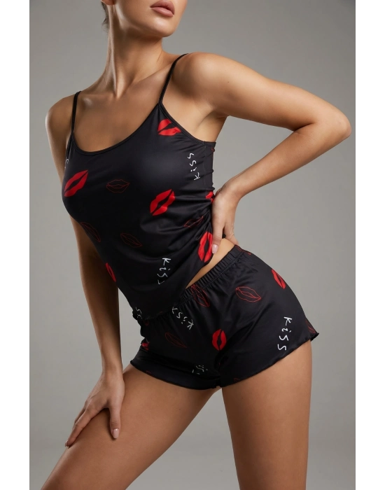 Öpücük Desenli Siyah Askılı Şortlu Kadın Pijama Takımı Tm1358