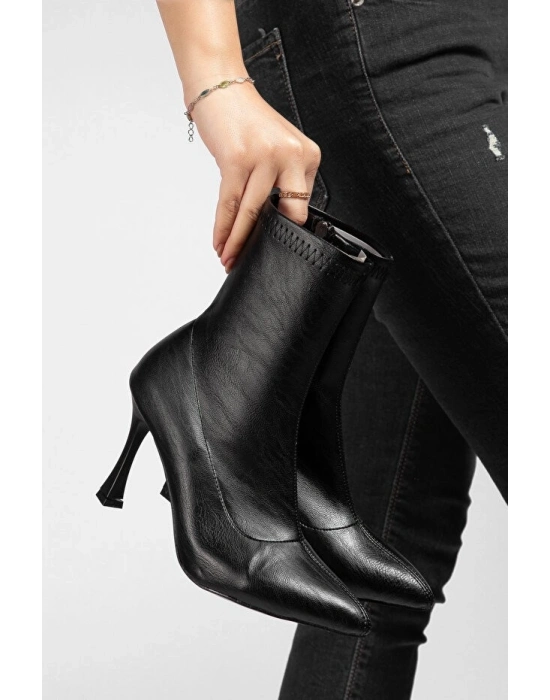 Orjen Siyah Cilt Streç Topuklu Bot