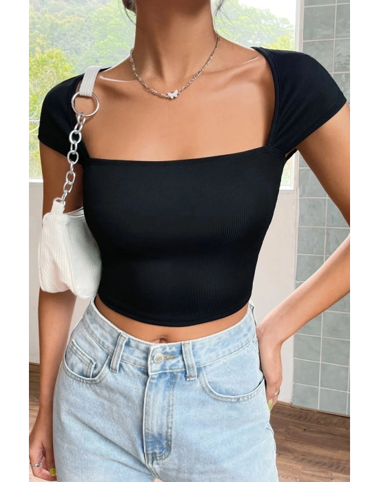 Kadın Siyah Kare Yaka Yarım Kol Göğüs Dekolteli Crop Top Bluz