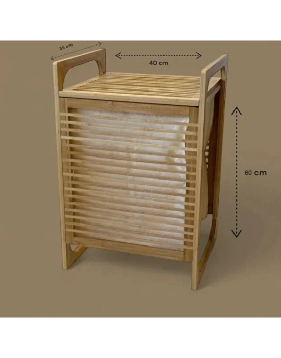 Orta Boy Ahşap Bambu Kirli Sepeti 40x35x60
