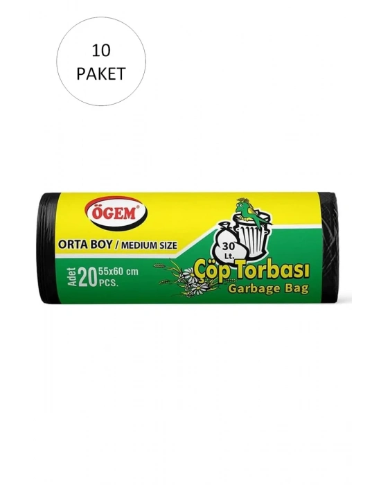 Orta Boy Çöp Torbası 55 x 60 cm 20 Li Rulo x 10 Paket = 200 Adet (Siyah)