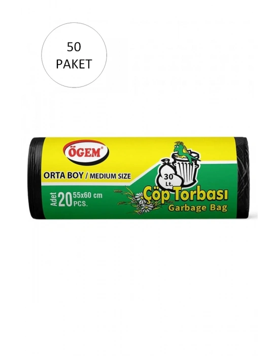 Orta Boy Çöp Torbası 55 x 60 cm 20 Li Rulo x 50 Paket = 1.000 Adet (Siyah)