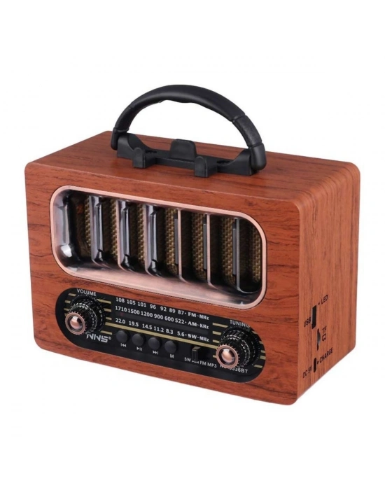 ®  Orta Boy Retro Ahşap Tasarım Bluetooth Hoparlörlü Radyo – FM/AM Destekli, Şarjlı ve Taşınabiliri Radyo NS-6636