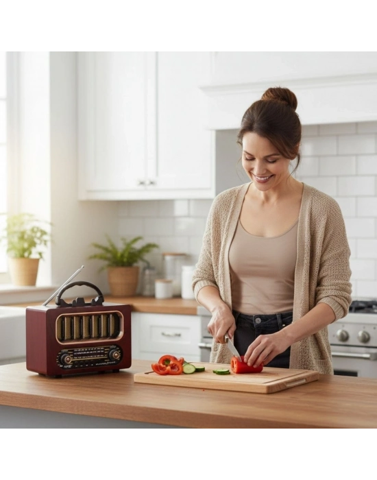 ®  Orta Boy Retro Ahşap Tasarım Bluetooth Hoparlörlü Radyo – FM/AM Destekli, Şarjlı ve Taşınabiliri Radyo NS-6636