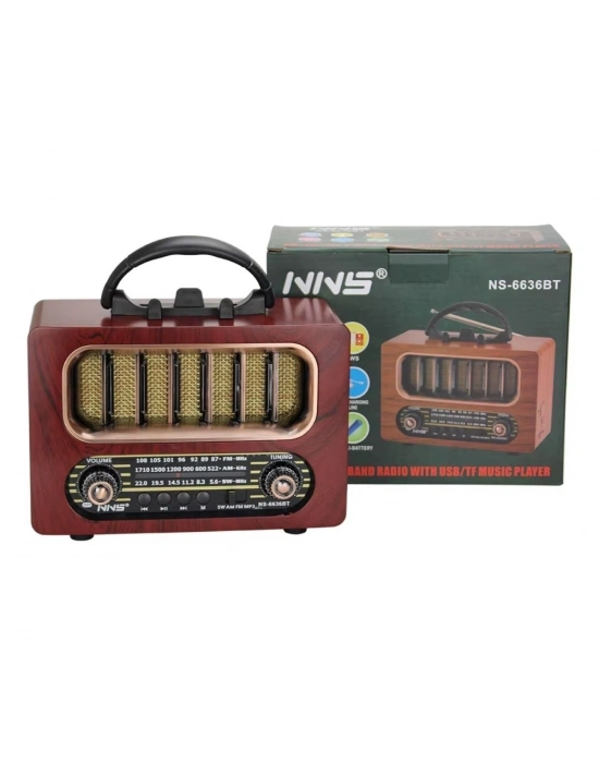 ®  Orta Boy Retro Ahşap Tasarım Bluetooth Hoparlörlü Radyo – FM/AM Destekli, Şarjlı ve Taşınabiliri Radyo NS-6636