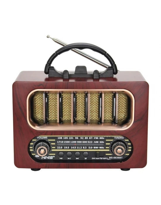 ®  Orta Boy Retro Ahşap Tasarım Bluetooth Hoparlörlü Radyo – FM/AM Destekli, Şarjlı ve Taşınabiliri Radyo NS-6636