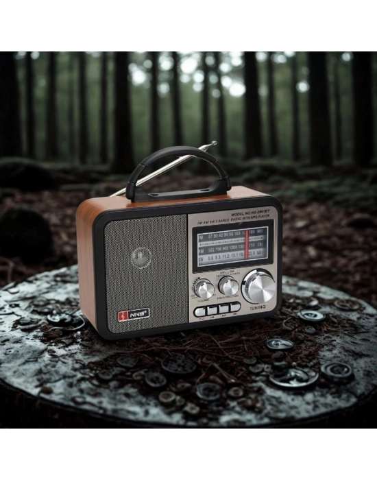 ®  Orta Boy Retro, Nostaljik, Ahşap Tasarım Bluetooth Hoparlörlü, Şarjlı, Taşınabilir FM/AM Destekli Radyo NS-8897