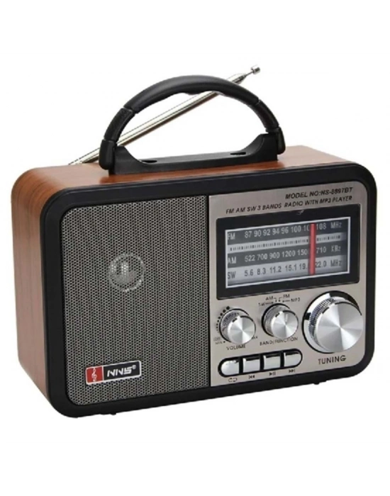 ®  Orta Boy Retro, Nostaljik, Ahşap Tasarım Bluetooth Hoparlörlü, Şarjlı, Taşınabilir FM/AM Destekli Radyo NS-8897