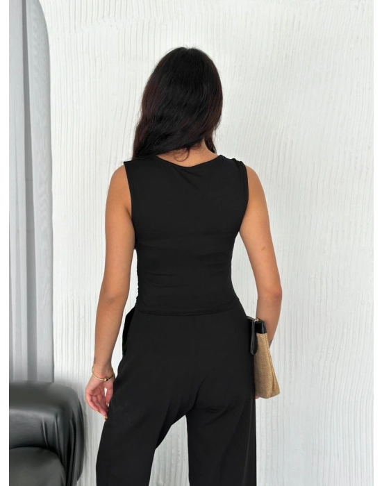 Osy Modal Yumuşak Dokulu Kumaş Bisiklet Yaka   Sıfır Kol Bluz Omuz Toka Aksesuar Detaylı - Siyah