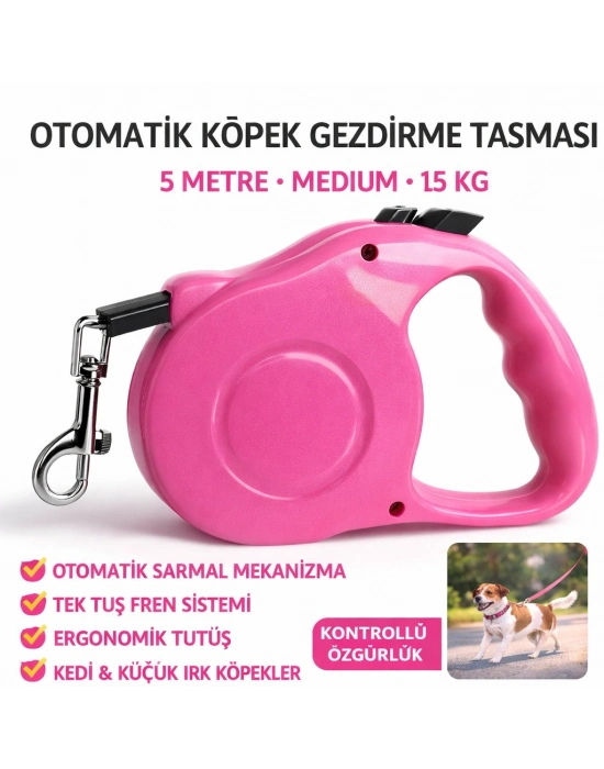 Otomatik Köpek Gezdirme Tasması 5 Metre Medium 15 kg Pembe Kilitli Makaralı Şerit