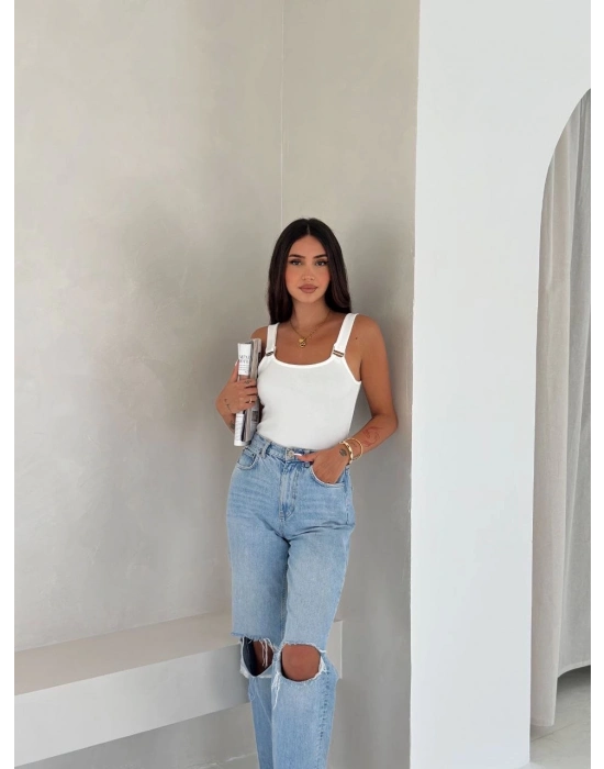 Ottoman toka askılı bluz beyaz s4194