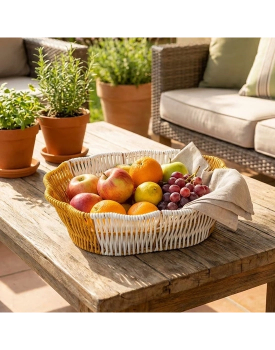 ®  Oval Çift Renkli Plastik Rattan Ekmek ve Meyve Sepeti - Çok Amaçlı Banyo ve Mutfak Düzenleyici - Yıkanabilir Dekoratif Tezgâh Üstü Organizer