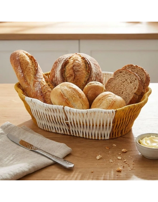 ®  Oval Çift Renkli Plastik Rattan Ekmek ve Meyve Sepeti - Çok Amaçlı Banyo ve Mutfak Düzenleyici - Yıkanabilir Dekoratif Tezgâh Üstü Organizer