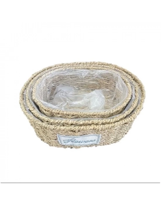 Oval Doğal Hasır Saksı Seti - 3lü