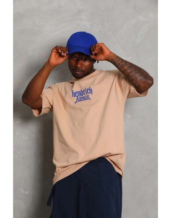 Oversize Baskılı Bisiklet Yaka T-Shirt - Bej -