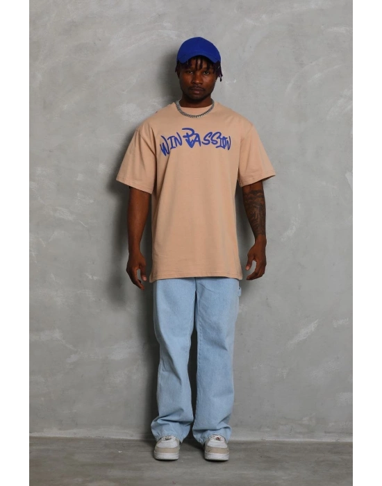 Oversize Baskılı Bisiklet Yaka T-Shirt - Bej -