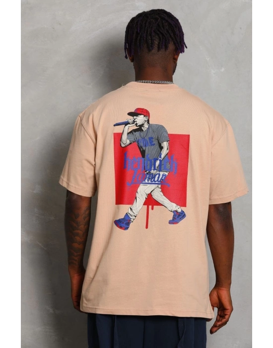 Oversize Baskılı Bisiklet Yaka T-Shirt - Bej -