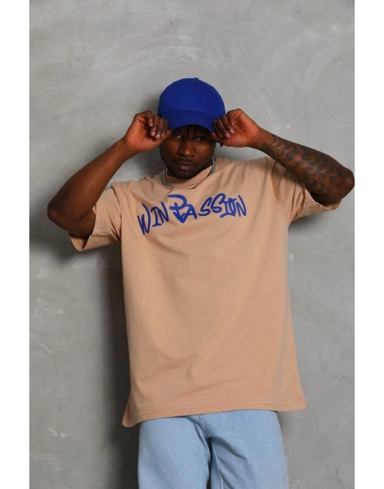 Oversize Baskılı Bisiklet Yaka T-Shirt - Bej -