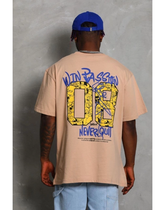 Oversize Baskılı Bisiklet Yaka T-Shirt - Bej -