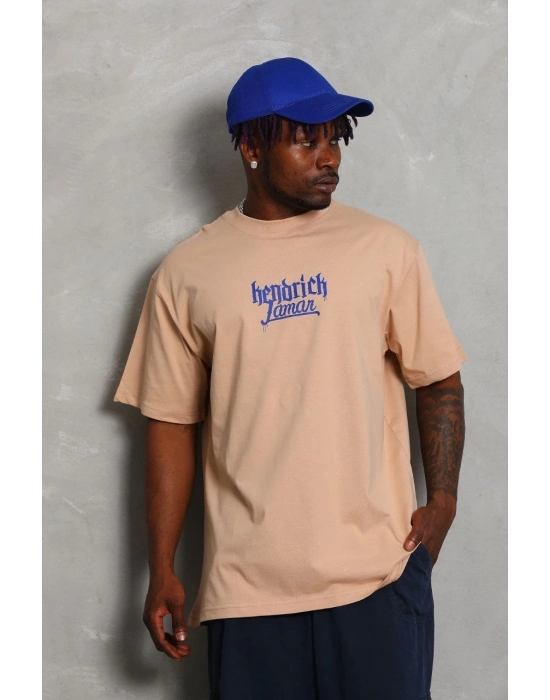 Oversize Baskılı Bisiklet Yaka T-Shirt - Bej -