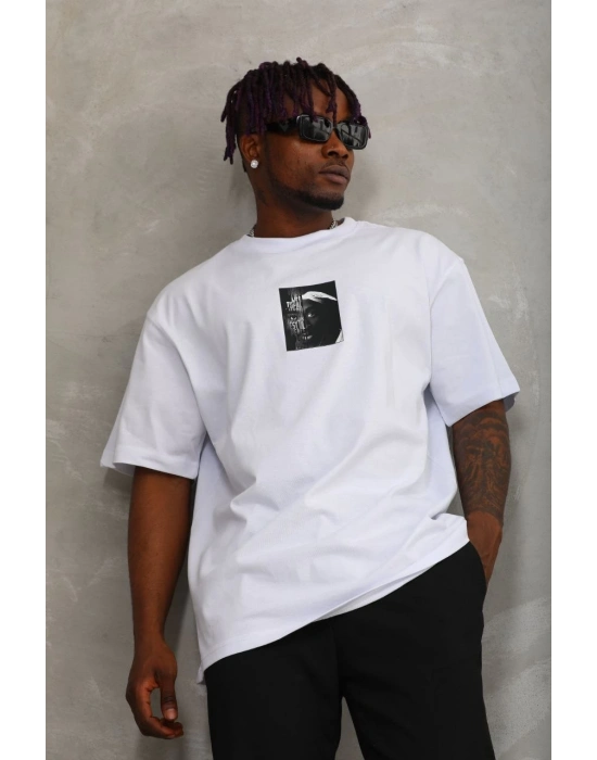 Oversize Baskılı Bisiklet Yaka T-Shirt - Beyaz -