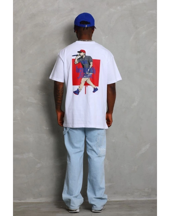 Oversize Baskılı Bisiklet Yaka T-Shirt - Beyaz -