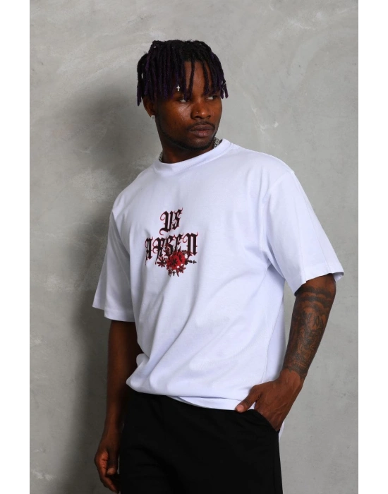 Oversize Baskılı Bisiklet Yaka T-Shirt - Beyaz -