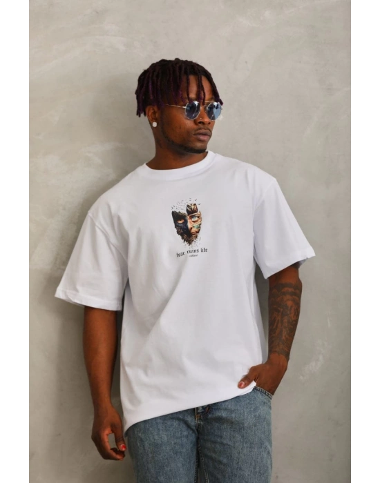 Oversize Baskılı Bisiklet Yaka T-Shirt - Beyaz -