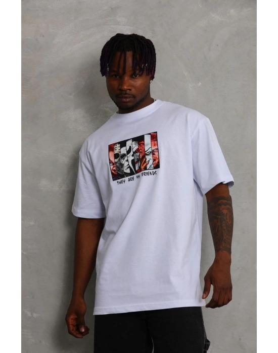 Oversize Baskılı Bisiklet Yaka T-Shirt - Beyaz -