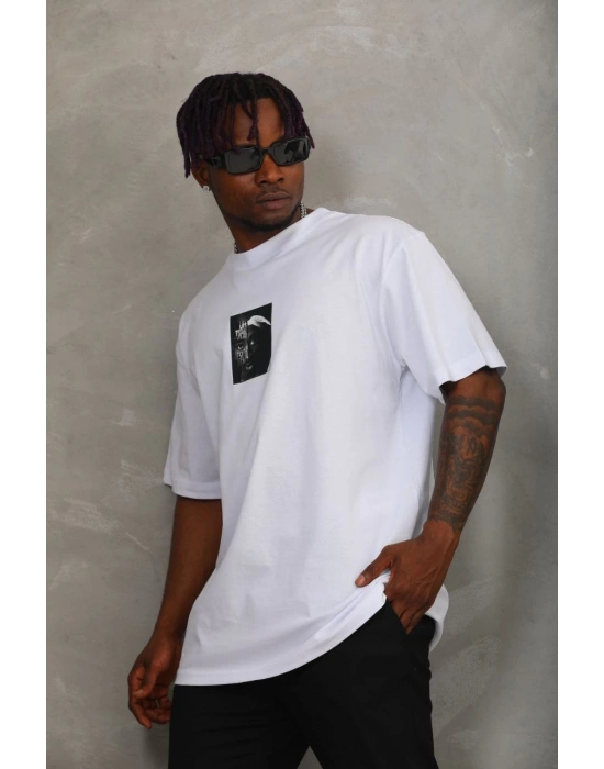 Oversize Baskılı Bisiklet Yaka T-Shirt - Beyaz -