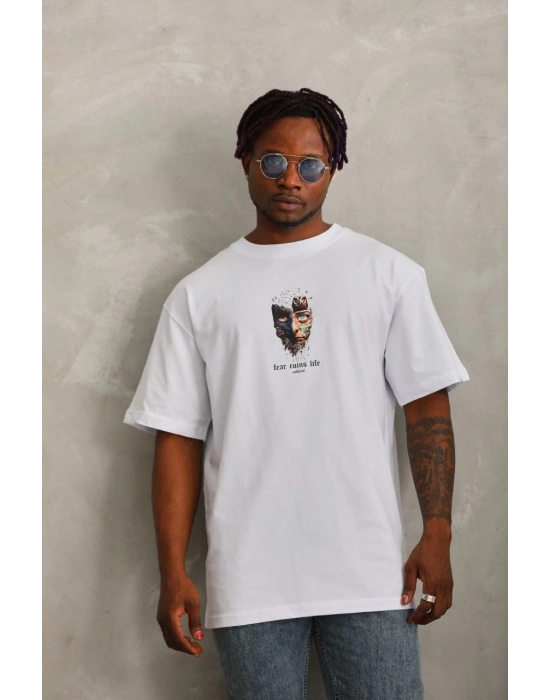 Oversize Baskılı Bisiklet Yaka T-Shirt - Beyaz -