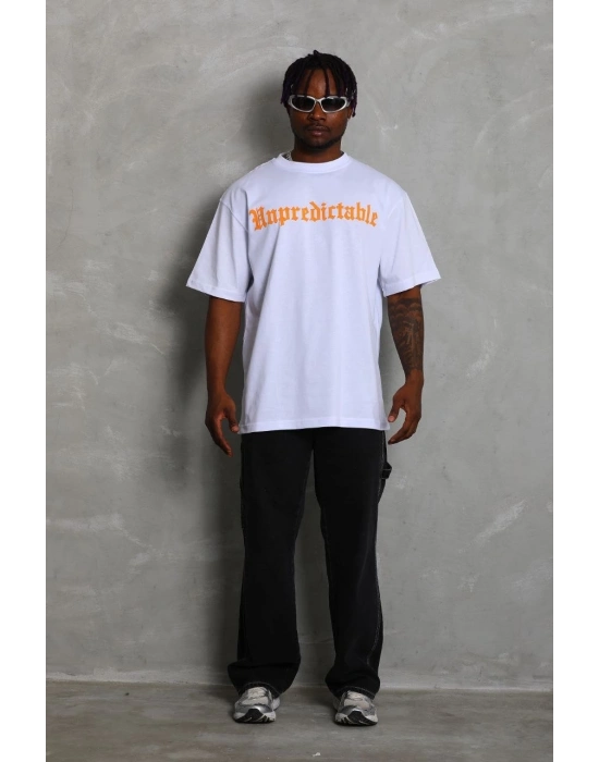 Oversize Baskılı Bisiklet Yaka T-Shirt - Beyaz -