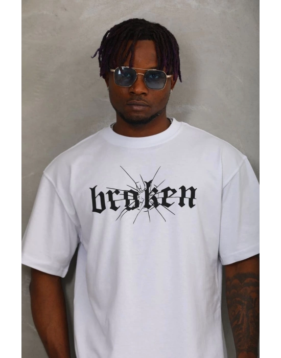 Oversize Baskılı Bisiklet Yaka T-Shirt - Beyaz -