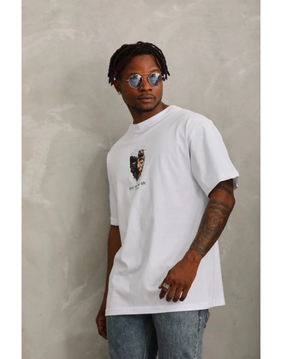 Oversize Baskılı Bisiklet Yaka T-Shirt - Beyaz -