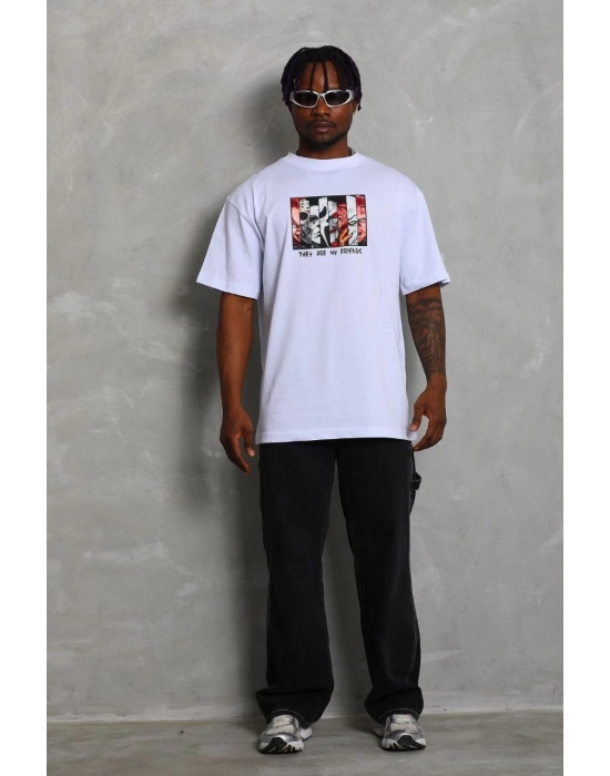 Oversize Baskılı Bisiklet Yaka T-Shirt - Beyaz -