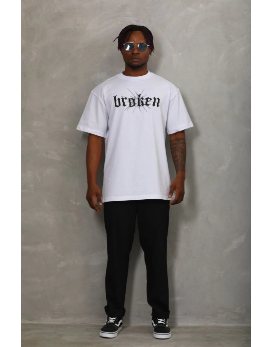 Oversize Baskılı Bisiklet Yaka T-Shirt - Beyaz -